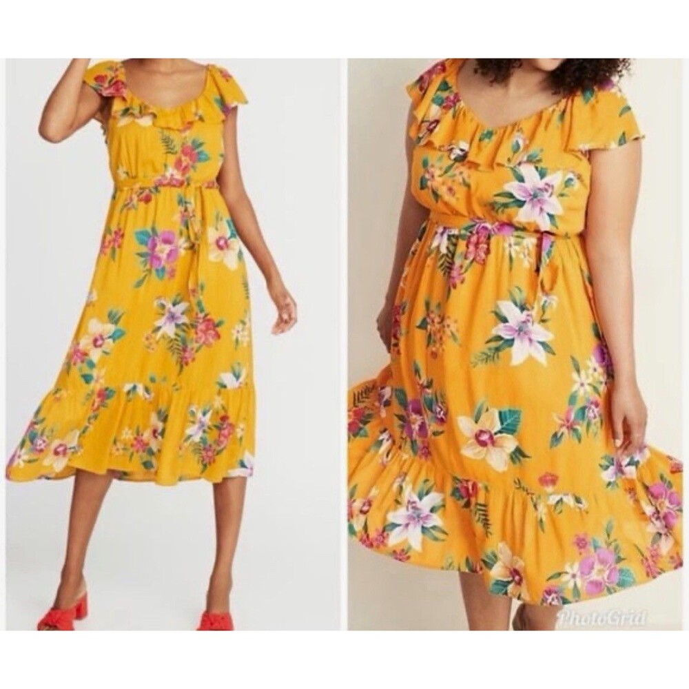 Old navy rufle Scoop neck  midi dress floral Hawaiian Lightweight size Large